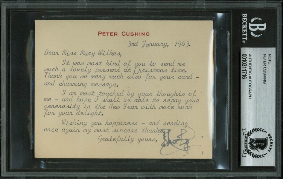 Peter Cushing Typed & Hand Signed 1963 Note (BAS/Beckett Encapsulated)