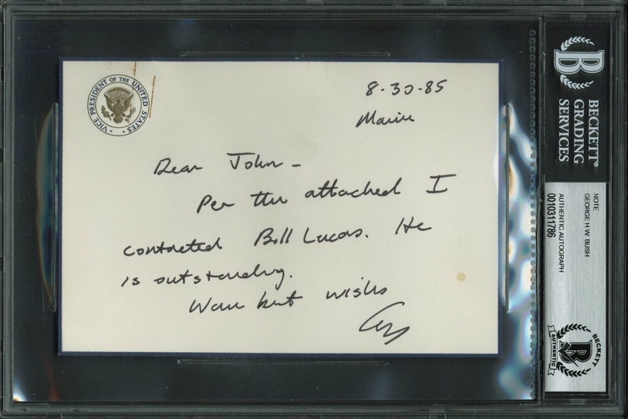 George H.W. Bush Handwritten & Signed Note on Vice President Stationary (BAS/Beckett Encapsulated)