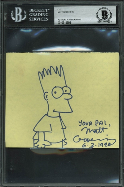 The Simpsons: Matt Groening Hand Drawn & Signed EARLY Bart Sketch on 4.5" x 5.5" Sheet (BAS/Beckett Encapsulated)