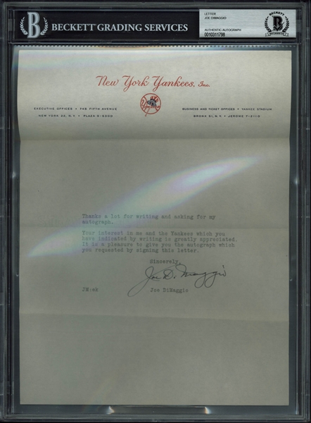 Joe DiMaggio Typed & Hand-Signed Letter on Yankees Letterhead (BAS/Beckett Encapsulated)