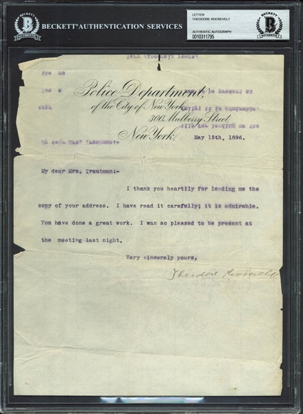 Theodore Roosevelt Typed & Signed EARLY 1896 Letter (BAS/Beckett)