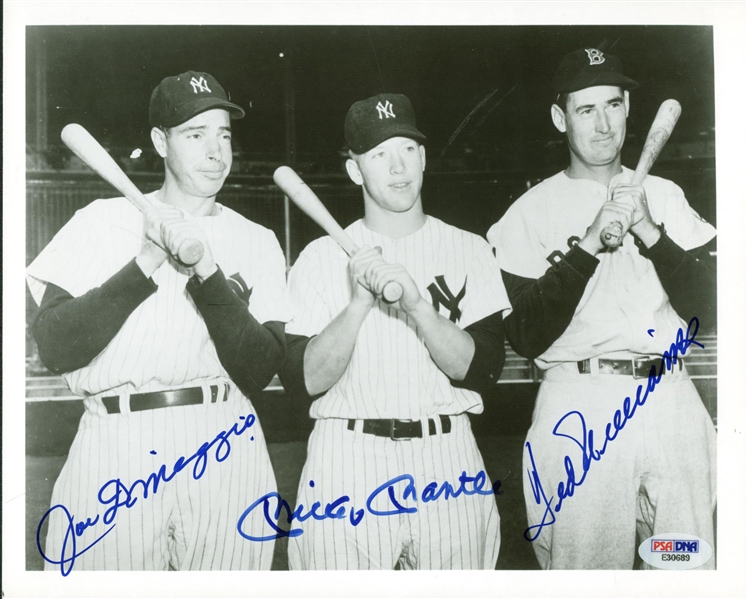 Mickey Mantle, Ted Williams & Joe DiMaggio Near-Mint Signed 8" x 10" B&W Photo (PSA/DNA)