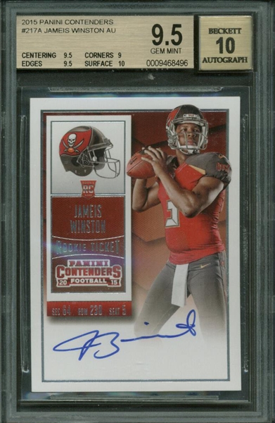 2015 Panini Contenders #217A Jameis Winston Signed Rookie Card BAS Graded 9.5 w/ 10 Auto! (Beckett Encapsulated)