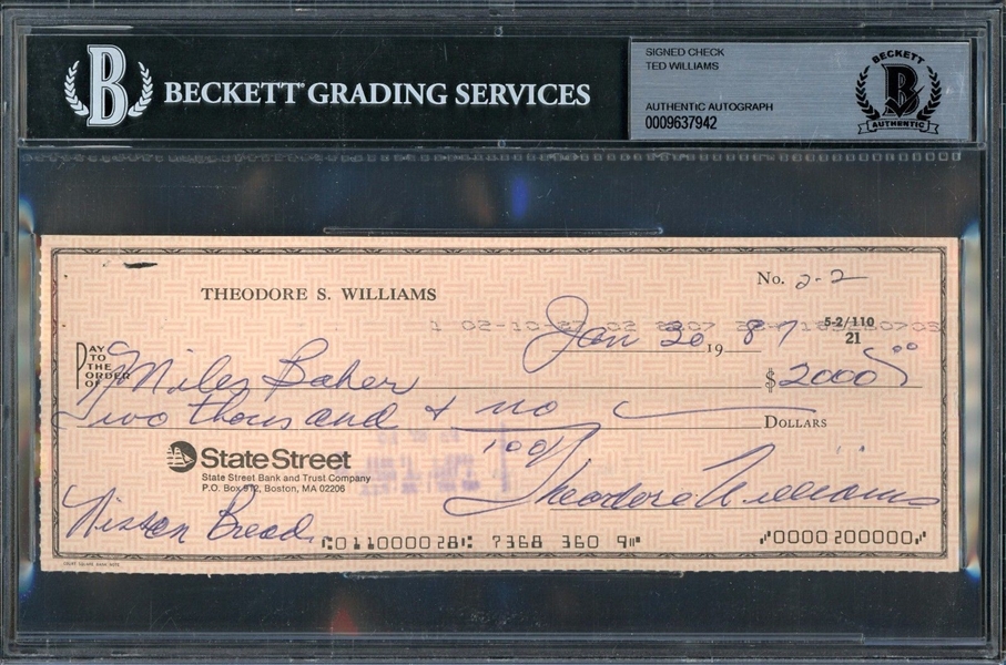 Ted Williams Signed & Hand Written $2000 Check (Beckett/BAS Encapsulated)