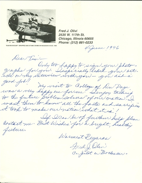 2nd Atomic Bomb: Fred Olivi Rare Signed & Hand Written Letter (Beckett/BAS Guaranteed)