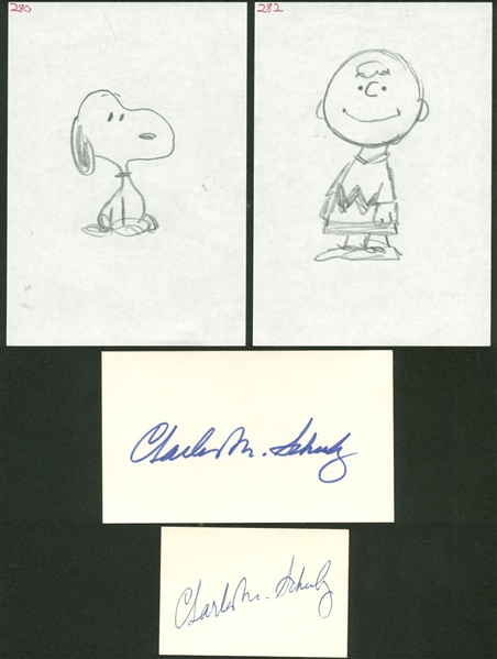 Charles M. Schulz Signed/Hand Sketched Lot of Four (4) Items (JSA Guaranteed)