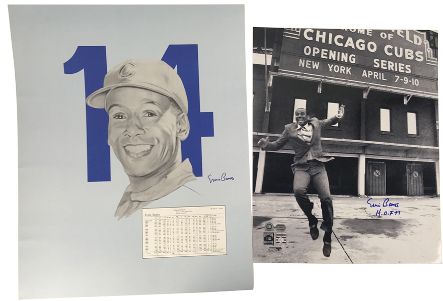 Ernie Banks Signed Lot of Two (2) Over-Sized Items w/ 16" x 20" Photograph & 20" x 24" Artist Print (Beckett/BAS Guaranteed)