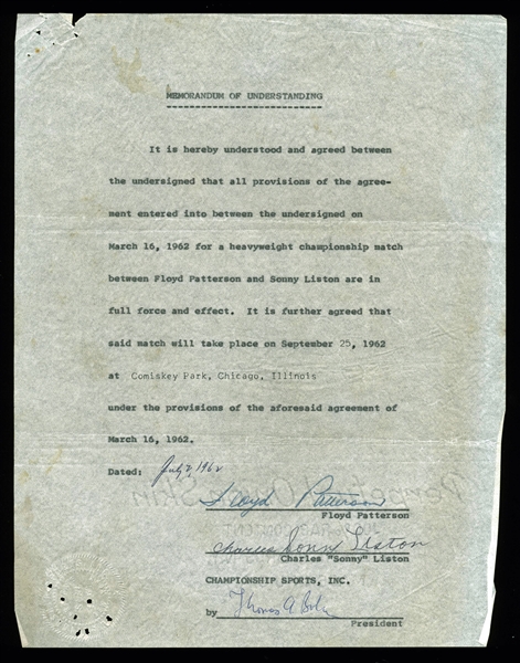 Floyd Patterson & Sonny Liston Rare Signed 1962 Chicago Fight Contract  (PSA/DNA & JSA)
