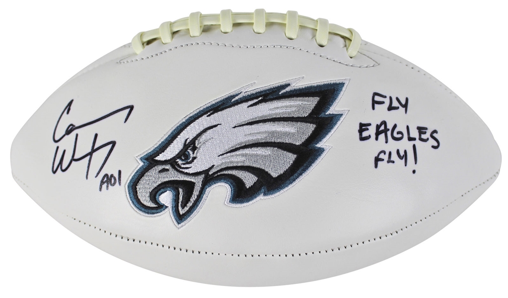Carson Wentz Signed White Panel Eagles Logo Football w/ "Fly Eagles Fly!" Inscription (Fanatics)