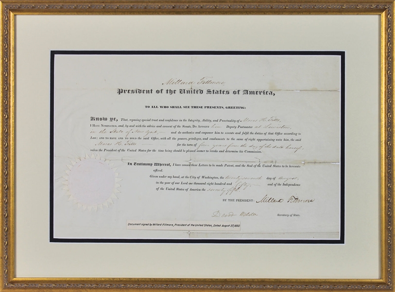 Millard Fillmore Signed 1850 Presidential Appointment Document in Framed Display (BAS/Beckett)