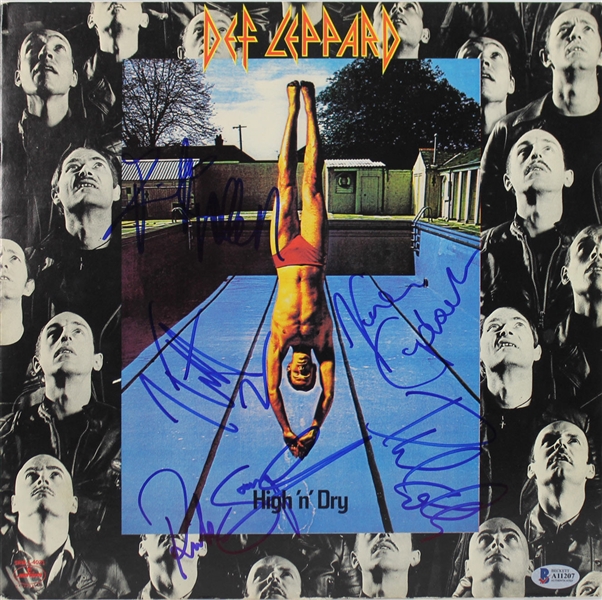 Def Leppard Band Signed "High N Dry" Record Album Cover w/ 5 Signatures (BAS/Beckett)