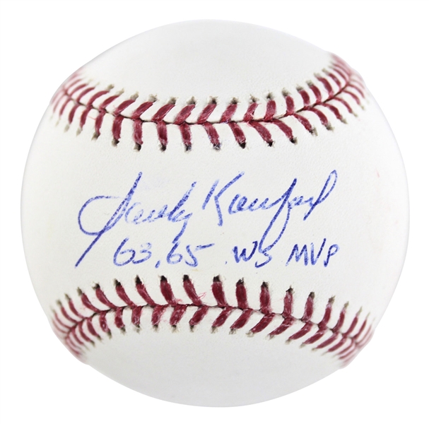 Sandy Koufax Signed OML Baseball w/ "63, 65 WS MVP" Inscription (Fanatics & MLB)