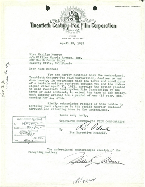 Marilyn Monroe Rare Signed Twentieth Century Fox Contract Extension w/ Agent William Morris (JSA)