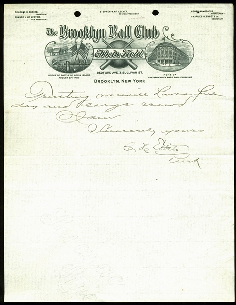 Brooklyn Dodgers: Charles Ebbets Handwritten & Signed Note on Brooklyn Ball Club/Ebbets Field Letterhead (JSA)