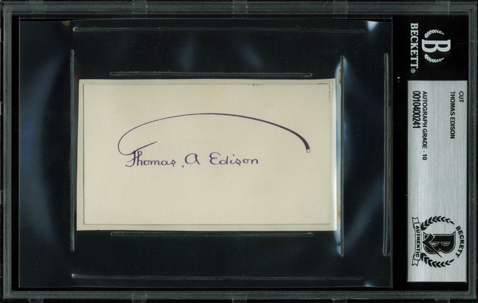 Thomas Edison Signed 2" x 3.5" Album Page - BAS/Beckett Graded GEM MINT 10!