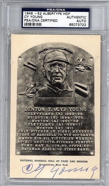 Cy Young Signed 1946-52 Hall of Fame Albertype Plaque Card (PSA/DNA)
