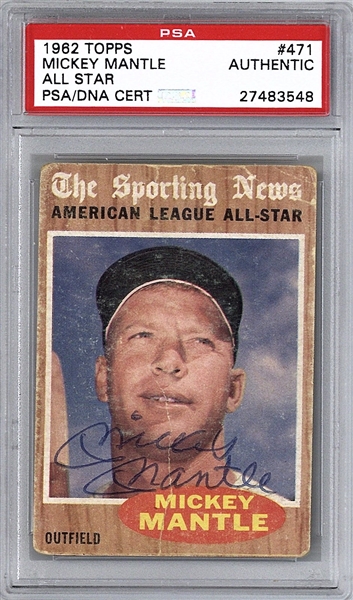 Mickey Mantle Signed 1962 Topps #471 All Star Baseball Card (PSA/DNA Encapsulated)