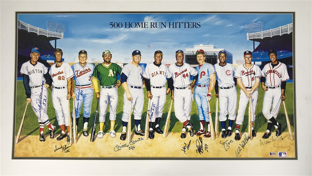 500 Home Run Club Signed Ron Lewis Art Poster (11 Sigs) w/Mantle, Williams, etc (Beckett)