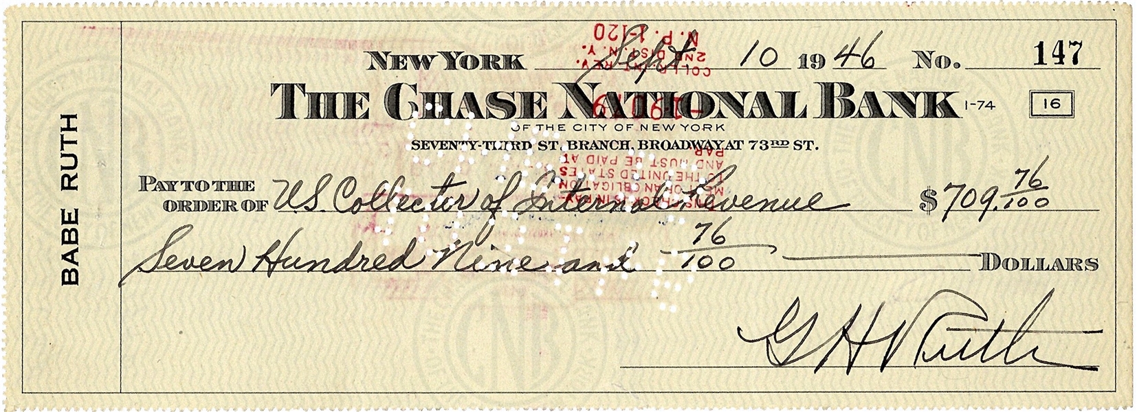 Babe Ruth Signed 1946 Bank Check To the IRS! (Beckett/BAS)