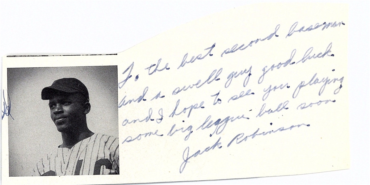 Jackie Robinson c.1938 Pasadena Junior College Signed 2" x 5" Photo w/ "I Hope to See You Playing Some Big League Ball Soon!" Inscription (JSA)