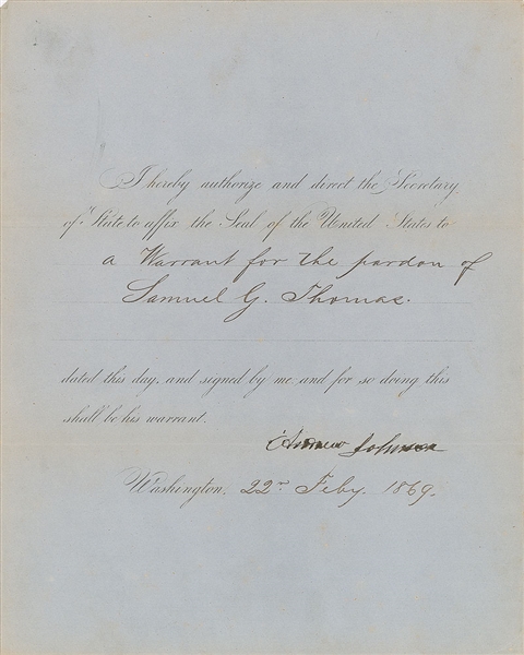 Andrew Johnson Signed Presidential 1869 Pardon Document (Beckett/BAS)
