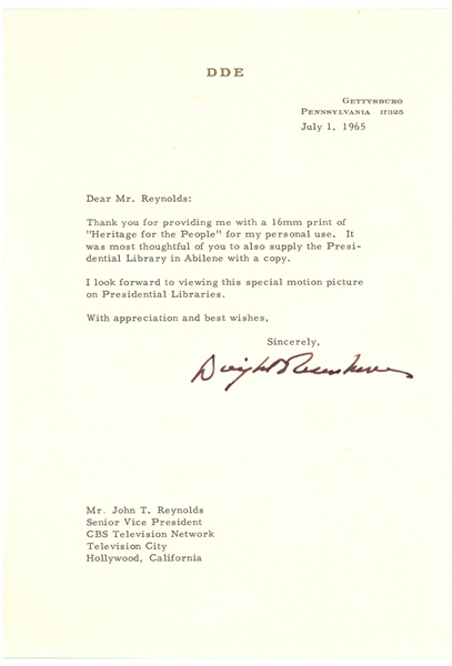 President Dwight D. Eisenhower Signed 1965 Typed Letter (Beckett/BAS)