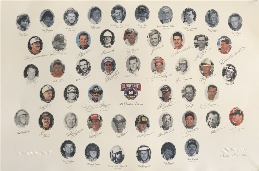 NASCAR 50 Greatest Drivers Signed 39" x 26" Lithograph w/ Earnhardt Sr! (JSA)