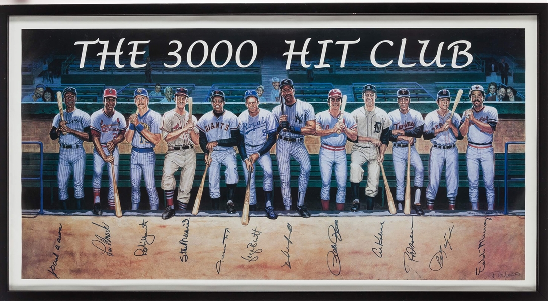 3000 Hit Club Multi-Signed & Framed 21" x 38" Ron Lewis Lithograph w/ 12 Signatures! (PSA/DNA)