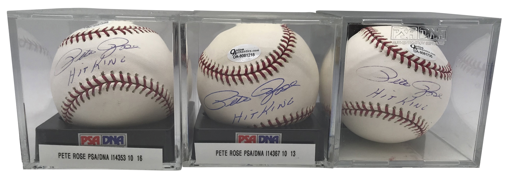 Pete Rose Lot of Three (3) Signed & Inscribed "Hit King" OML Baseballs - PSA/DNA GEM MINT 10!