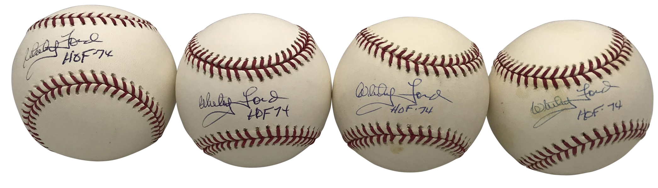Whitey Ford Lot of Four (4) Signed & Inscribed "HOF 74" OML Baseballs (Beckett/BAS Guaranteed)