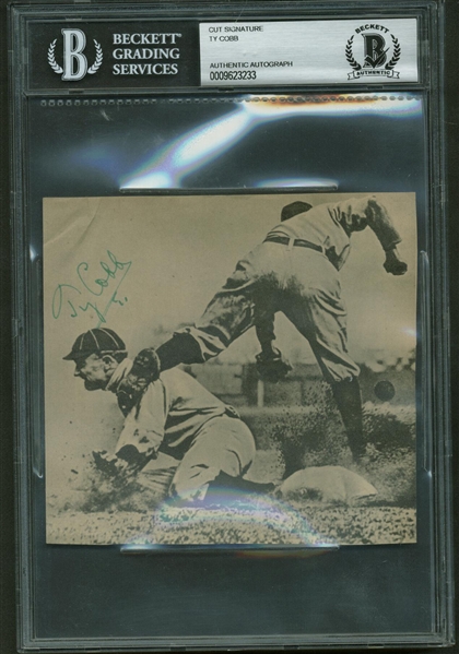 Ty Cobb Signed 5" x 5" Charles Conlon Newspaper Photograph (BAS/Beckett Encapsulated)