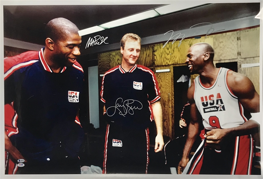 Michael Jordan, Magic Johnson & Larry Bird Signed 24" x 36" Rare Oversized Photograph (UDA, PSA/DNA & Beckett/BAS)