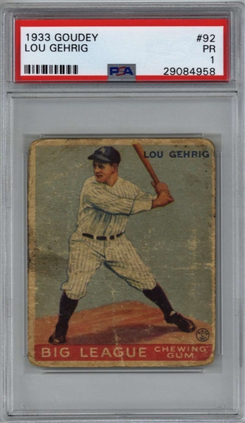 Lou Gehrig Original 1933 Goudey #92 Baseball Card PSA PR-FR 1