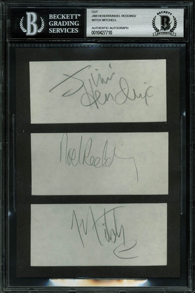 Jimi Hendrix Experience: Jimi Hendrix, Noel Redding & Mitch Mitchell Near-Mint Single Signed 2" x 4.5" Album Pages (BAS/Beckett Encapsulated)