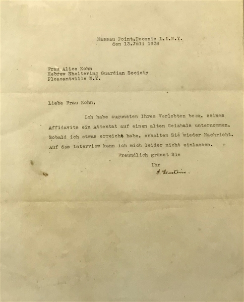 Albert Einstein Signed Typed 1938 German Letter To The Hebrew Sheltering Guardian Society! (Beckett/BAS Guaranteed)