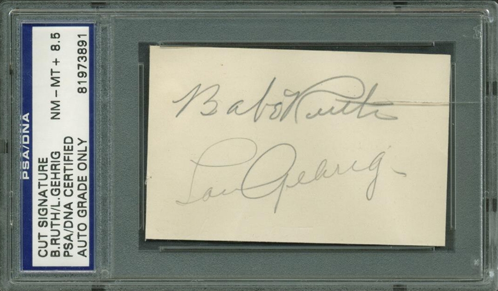 Babe Ruth & Lou Gehrig Impressive Dual Signed 2" x 2.5" Album Page PSA/DNA NM-MT 8.5!