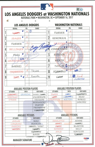Cody Bellinger & Dave Roberts Signed & Game Used September 16th, 2017 Lineup Card (PSA/DNA & MLB)
