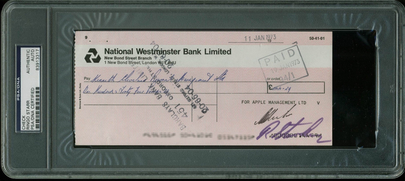 The Beatles: Ringo Starr Signed Apple Management 1973 Bank Check (PSA/DNA Encapsulated)