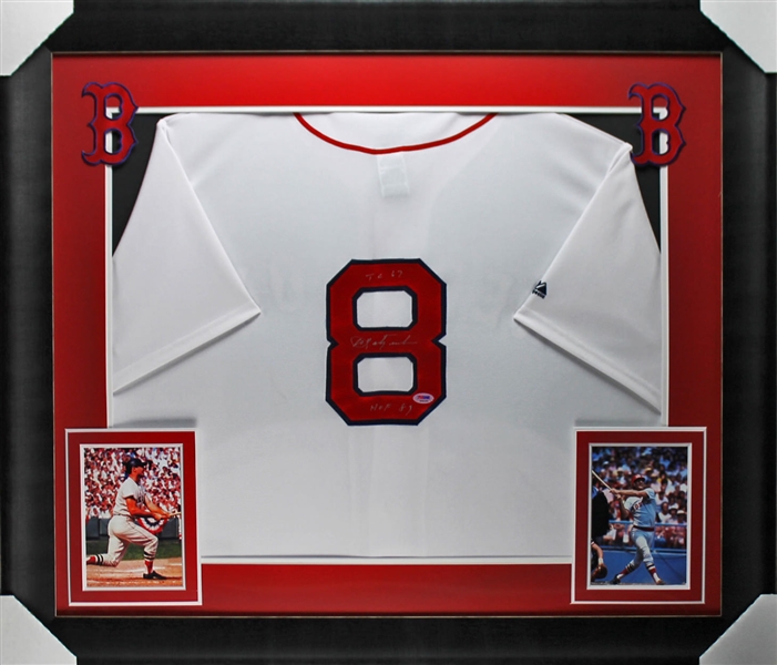 Carl Yastrzemski Signed Red Sox Jersey with "TC 67, HOF 83" Inscriptions in Custom Framed Display (PSA/DNA)