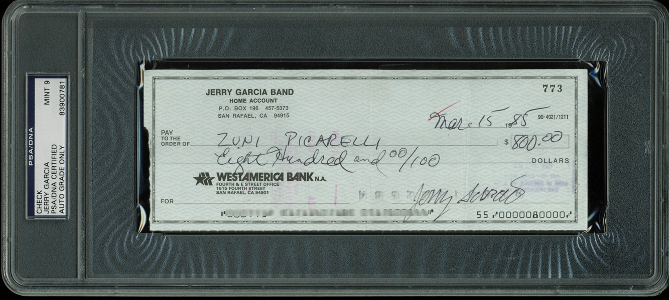 The Grateful Dead: RARE Jerry Garcia Signed 1985 Bank Check (PSA/DNA Graded MINT 9)