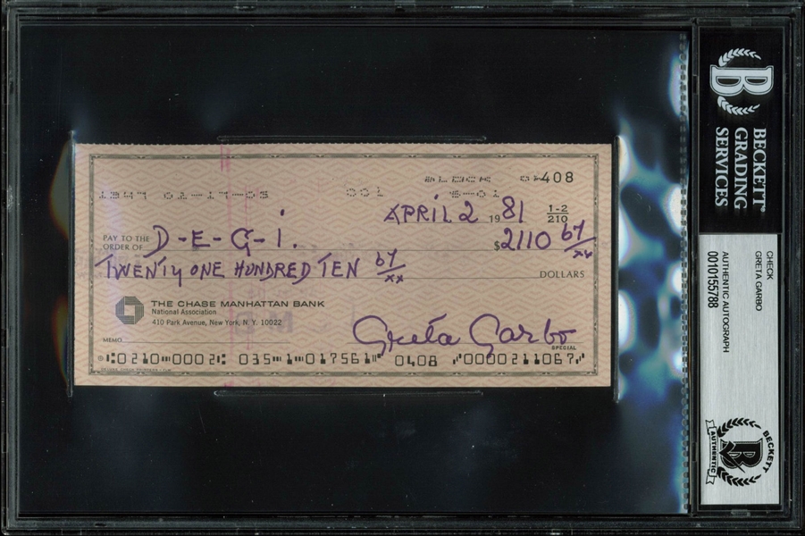 Greta Garbo Signed Near-Mint 1981 Bank Check (BAS/Beckett Encapsulated)