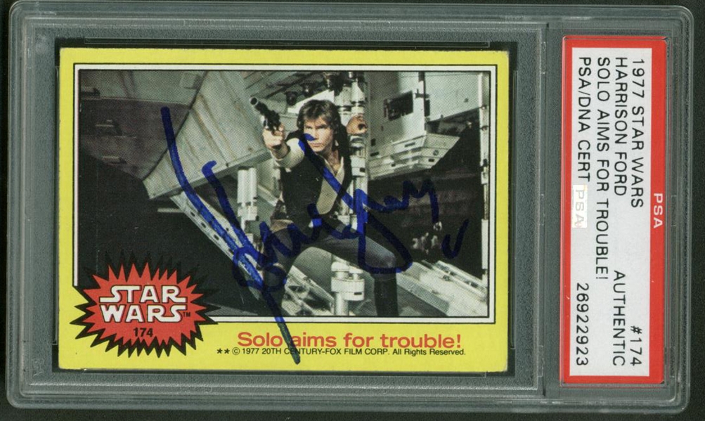 Harrison Ford Signed 1977 Star Wars #174 "Solo Aims For Trouble!" Trading Card (PSA/DNA)