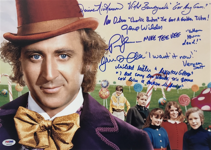 Willy Wonka & the Chocolate Factory Cast Signed 12" x 18" Photo w/ Wilder, etc. (6 Sigs)(PSA/DNA)
