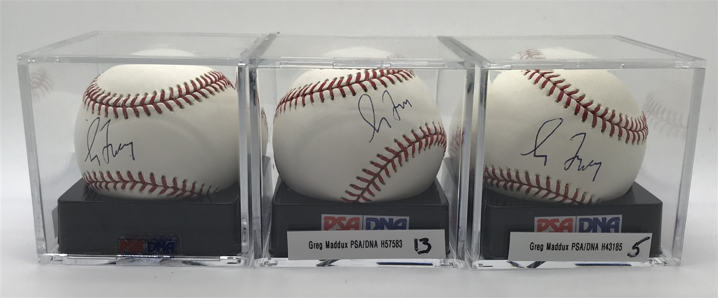 Lot of Three (3) Greg Maddux Signed OML Baseballs PSA/DNA Graded 9.5 & GEM MINT 10!