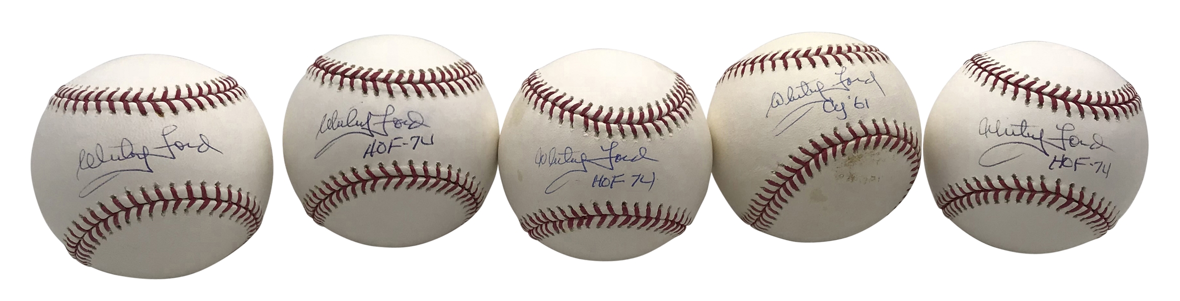 Lot of Five (5) Whitey Ford Signed Baseballs, Most w/ Inscriptions! (PSA/DNA)