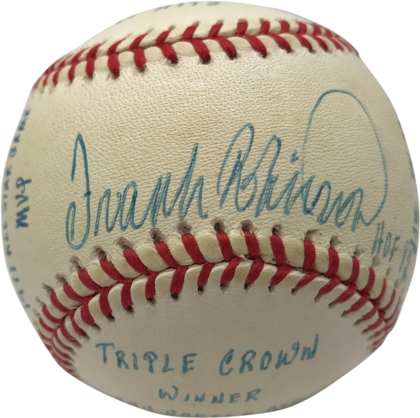 Frank Robinson Rare Signed & Inscribed Career Stat OAL Baseball (Reggie Jackson & Beckett/BAS Guaranteed)