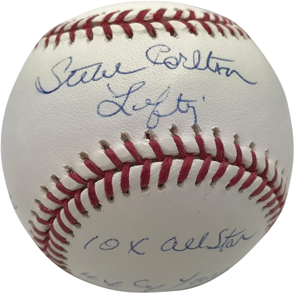 Steve Carlton Signed & Inscribed Career Stat OML Baseball (MLB & Steiner Sports)