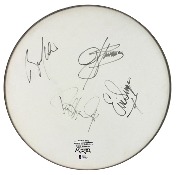 KISS: Band Signed 15" Remo Drumhead w/ Stanley, Simmons, Singer, and Kulick (BAS/Beckett)