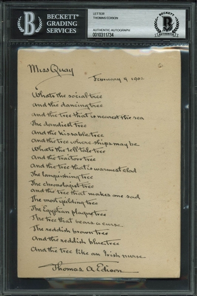Thomas Edison Signed & Hand Written 1902 Love Poem (Beckett/BAS Encapsulated)