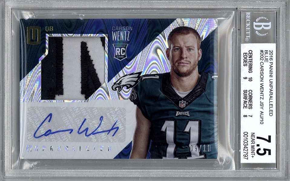 2016 Panini Unparalleled Carson Wentz Blue #202 Signed Rookie Card w/ BGS Perfect 10 Autograph!